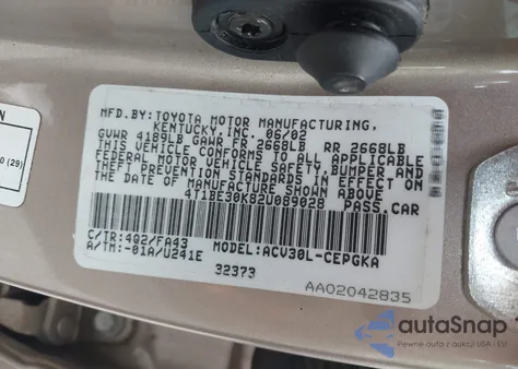 2002 Toyota Camry Xle from USA, damaged, VIN 4T1BE30K82U089028